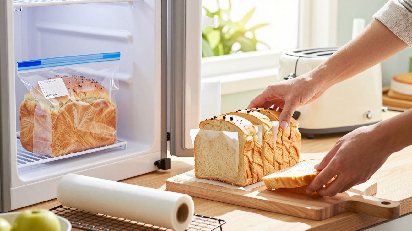 Persoană taie o pâine pe un blat de bucătărie, lângă un frigider deschis și un prăjitor de pâine.