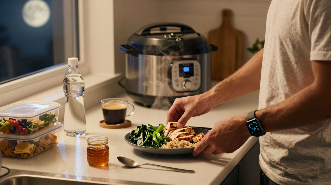 Persoană pregătind un bol cu quinoa și legume, lângă un multicooker și alimente, în bucătărie iluminată de lună.