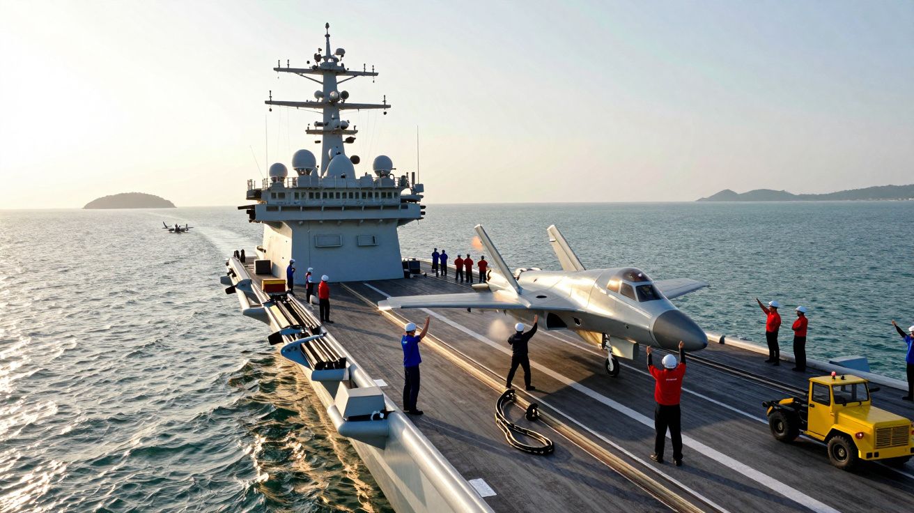 Avion de luptă pe portavion, înconjurat de membri ai echipajului în uniforme colorate pe mare.