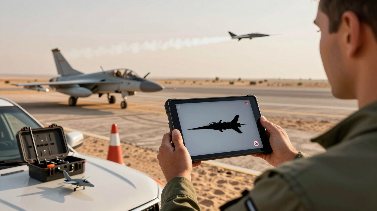 Persoană ținând tabletă cu imaginea unui avion, pe fundal fiind două avioane reale, unul pe pistă, altul decolând.