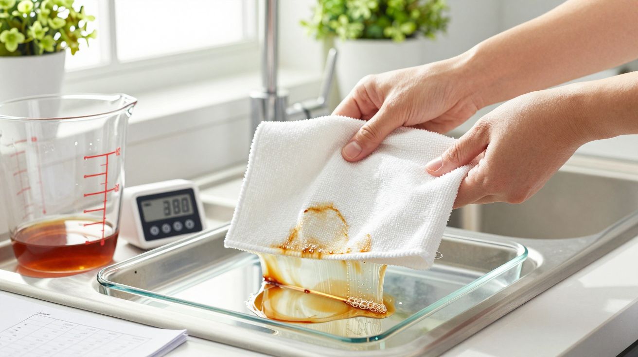 Persoană curăță o tavă cu o cârpă albă, în bucătărie, lângă o cană gradată și un termometru digital.