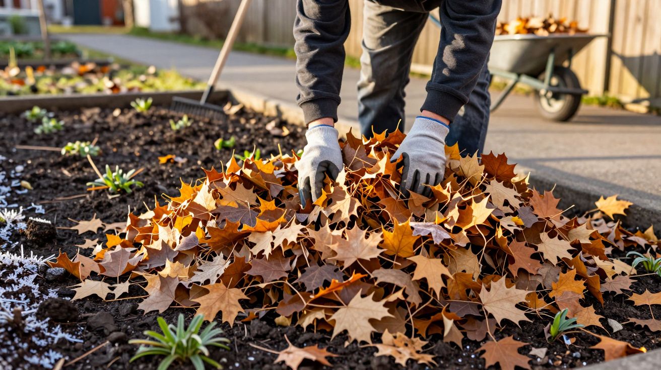 Persoană adunând frunze uscate în grădină, purtând mănuși. Roabă și greblă în fundal.