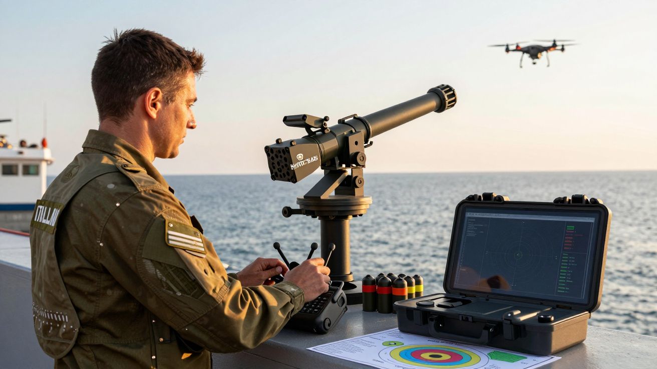 Bărbat operând un dispozitiv tehnologic și un laptop pe o barcă, cu un drone zburând deasupra mării în fundal.