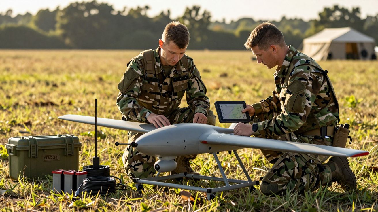 Doi soldați în uniforme camuflaj lucrează la un drone pe un câmp, utilizând o tabletă și unelte tehnice.