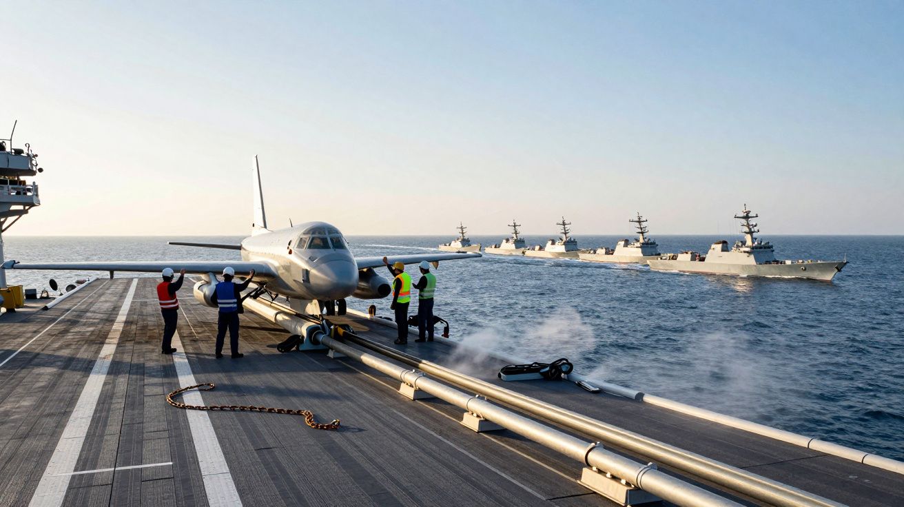 Avion pe portavion, pregătit pentru decolare; personal în vestimentație colorată, nave militare la orizont pe mare.