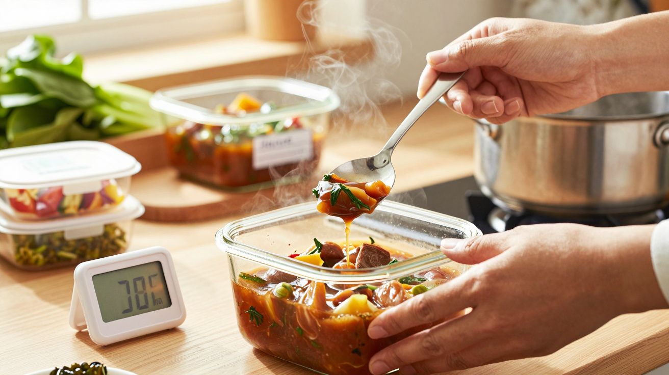 Mâncăruri în caserole transparente, cu un termometru indicând temperatura de 39°C, pe un blat de bucătărie.