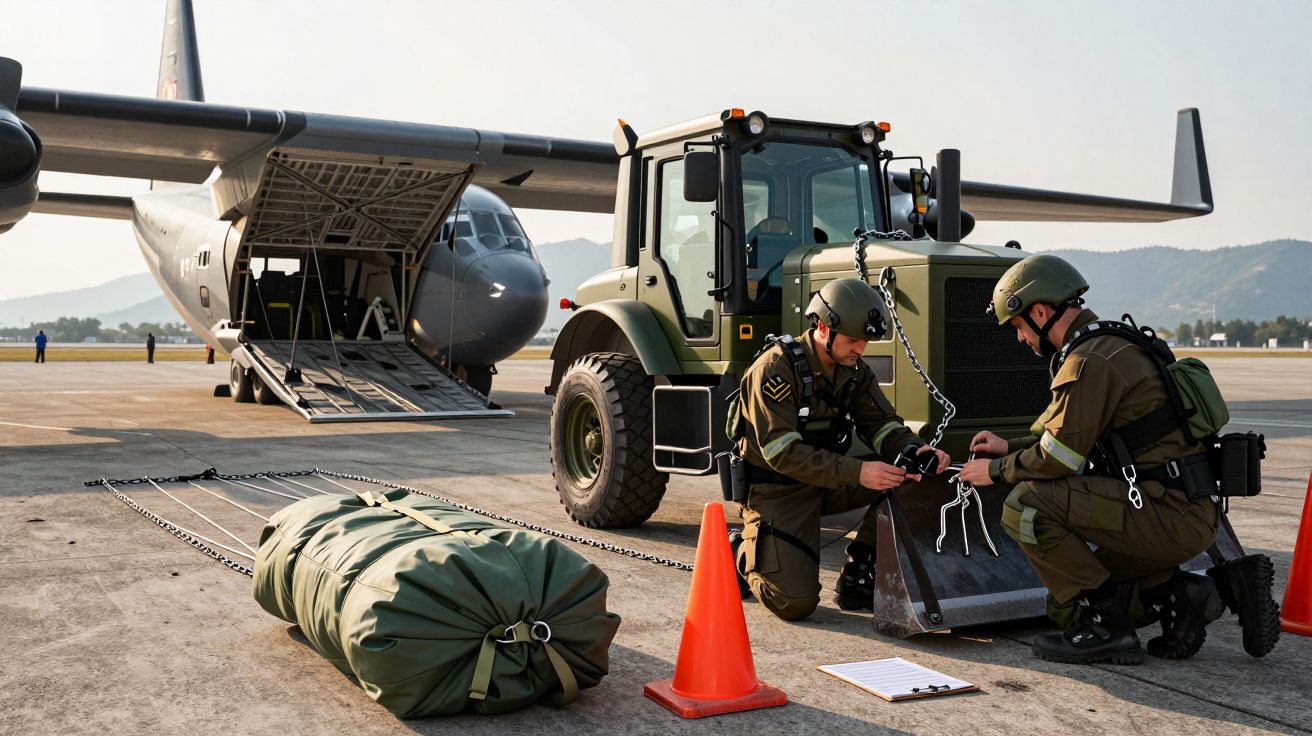 Doi militari echipează un vehicul lângă un avion cargo deschis, pregătind un pachet mare pe pistă.