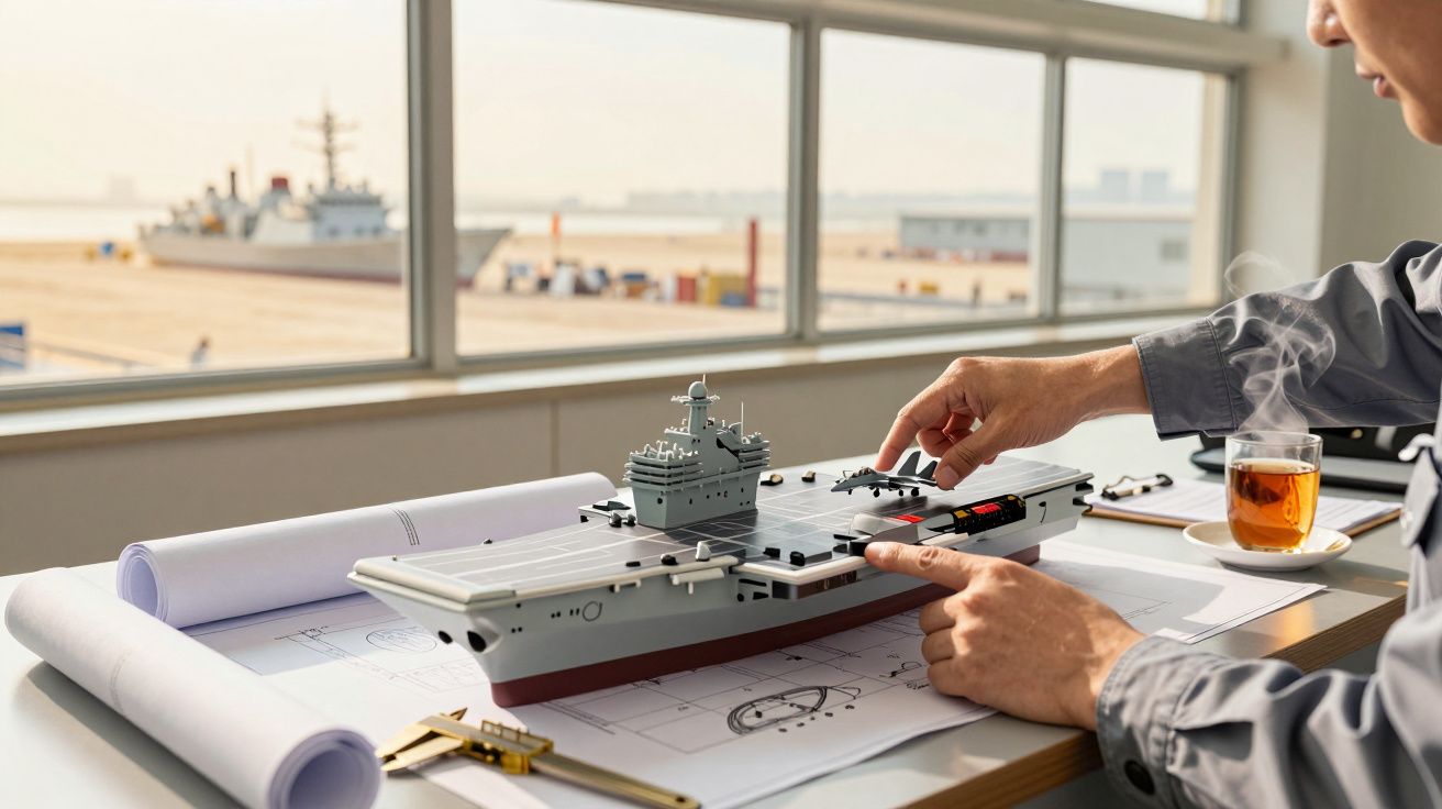 Persoană asamblează modelul unui portavion pe birou, cu schițe și o navă reală văzută prin fereastră.