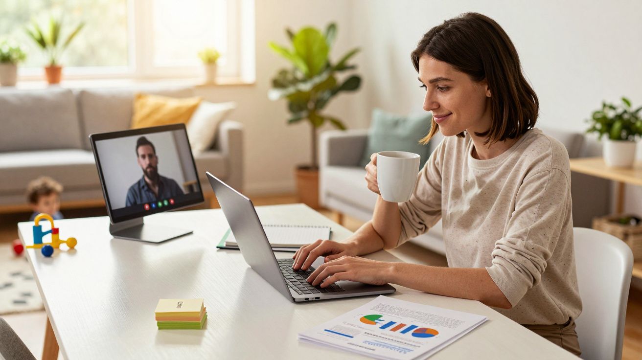 Femeie lucrând la laptop, cu o ceașcă în mână, având un apel video pe monitor și documente pe masă.