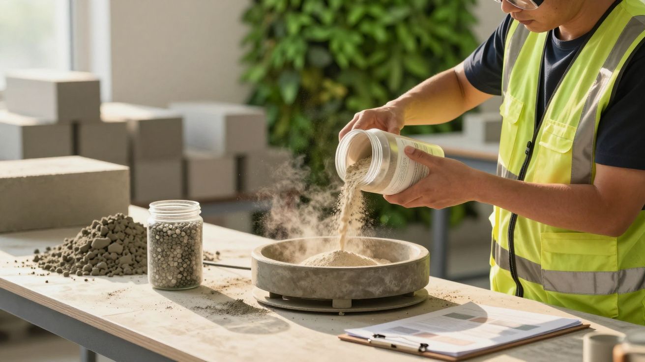 Persoană cu vestă reflectorizantă toarnă pulbere într-un recipient pe o masă de lucru, în laborator.