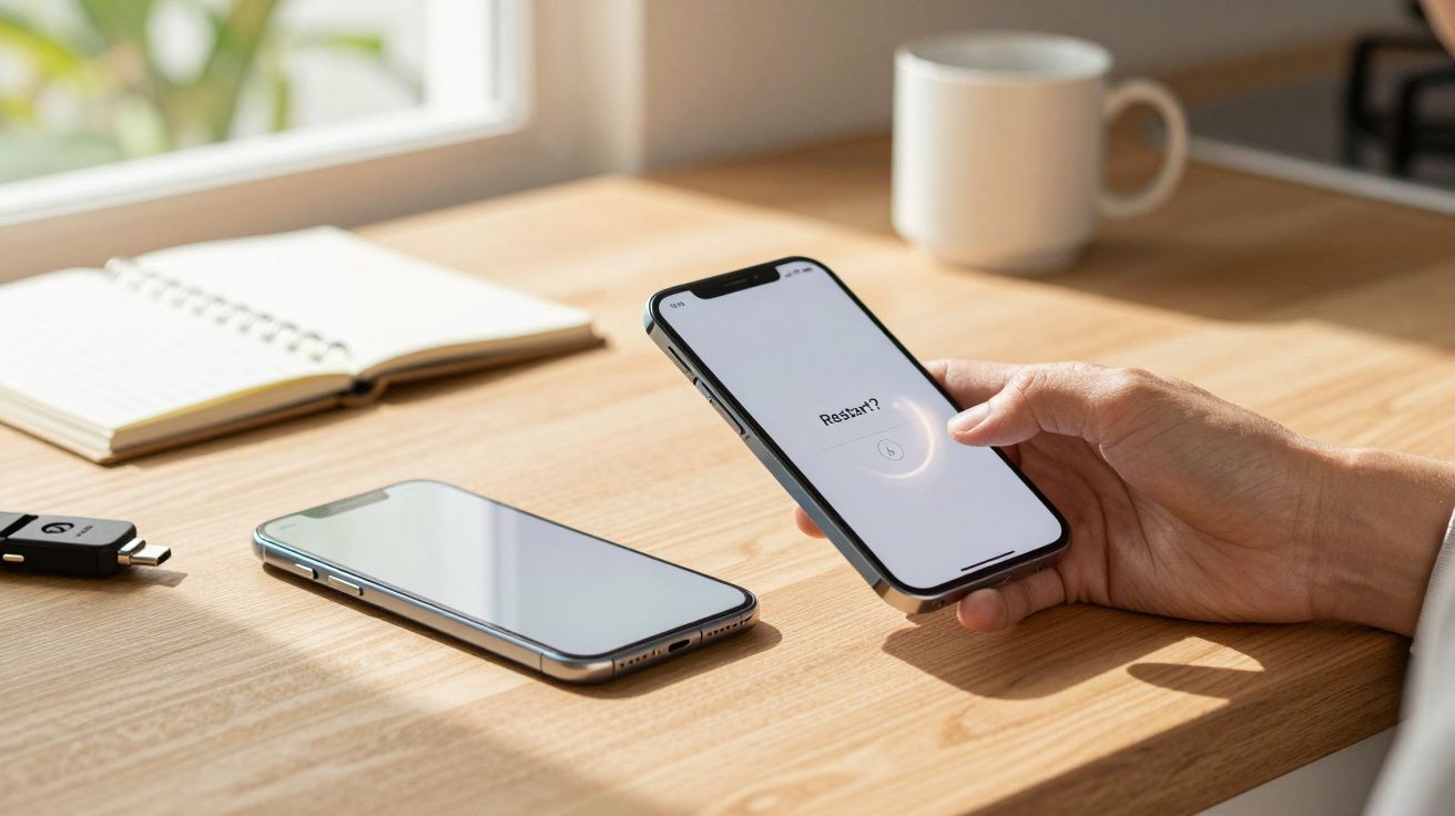 O persoană ține un smartphone, cu mesajul „Rescan?”, pe un birou lângă un caiet, alt telefon și o cană.