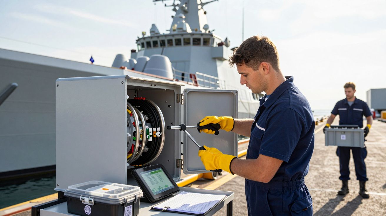 Bărbat lucrând la echipament electric pe un doc, cu o navă militară în fundal, purtând mănuși galbene.