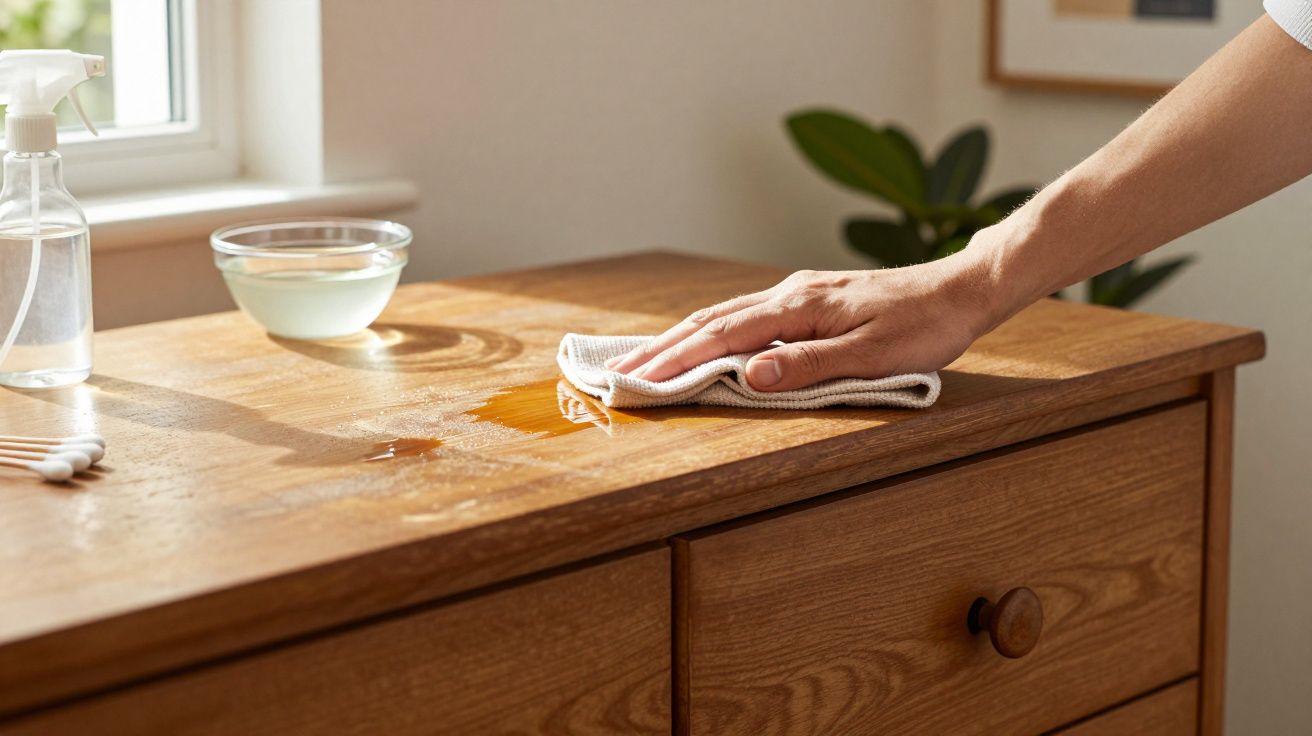 Mână ștergând lichidul vărsat de pe o comodă de lemn cu o cârpă, lângă o fereastră cu lumina soarelui.