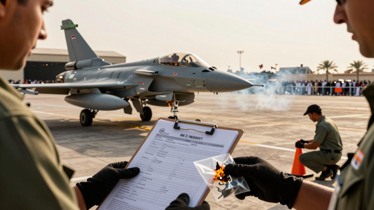 Avion de luptă pe pistă, cu doi oameni verificând o listă de inspecție, în fundal public adunat.