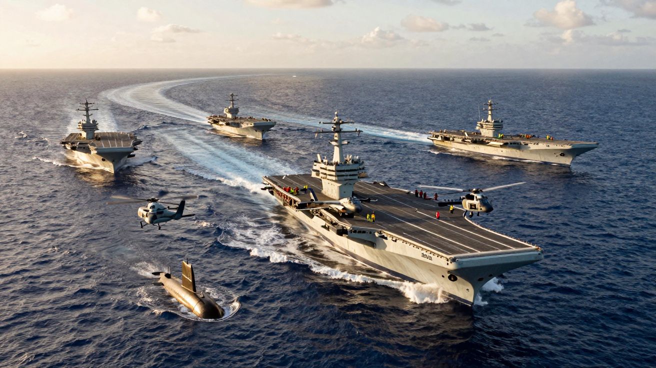 Grup de portavioane și submarine navigând pe ocean, urmate de elicoptere militare, sub cer senin.