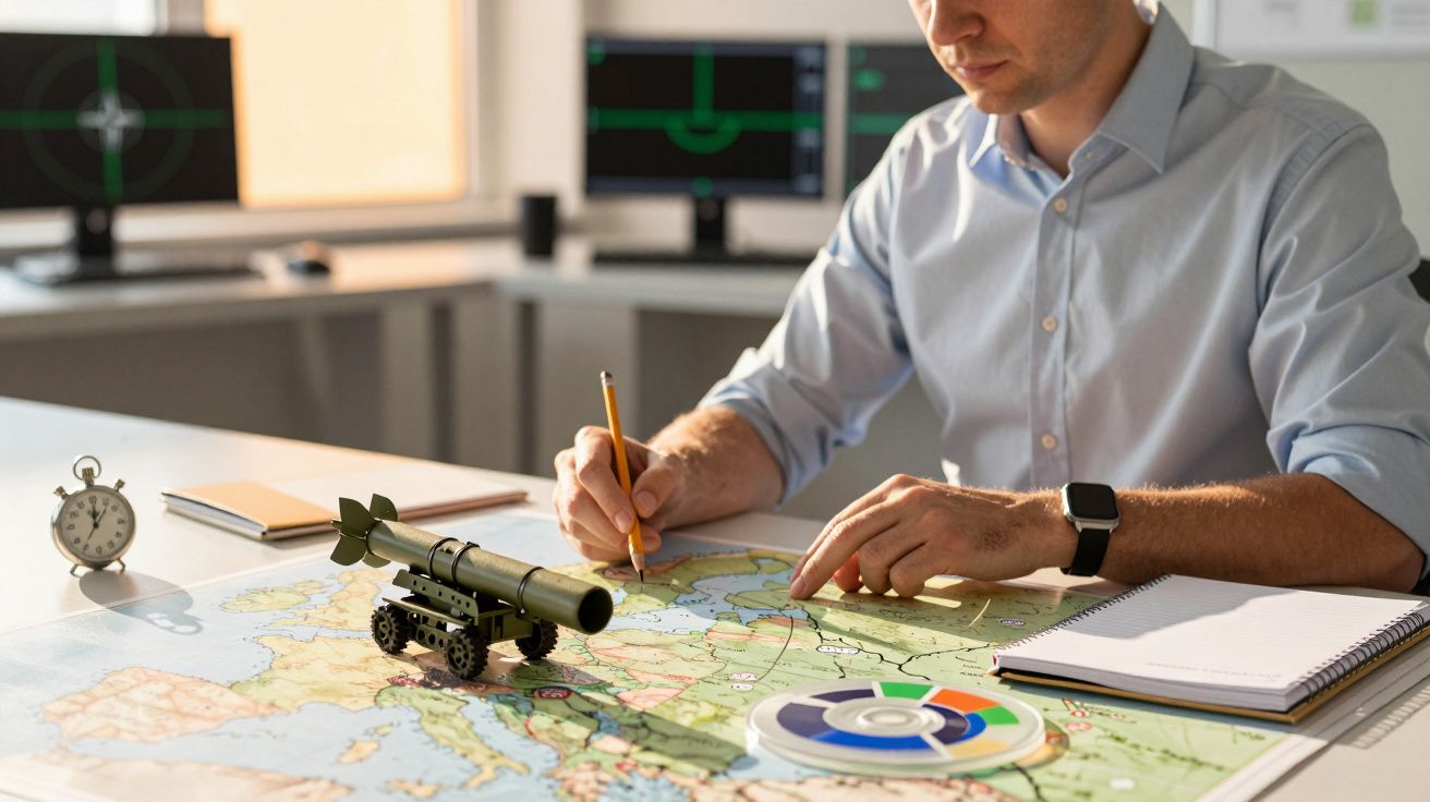 Bărbat desenând pe o hartă cu o machetă a unei rachete și grafice colorate, în birou cu monitoare în fundal.