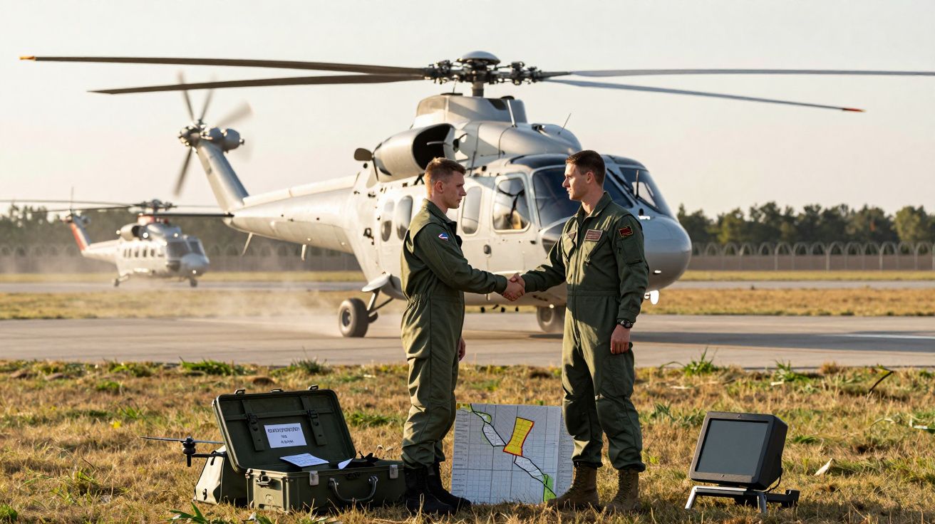 Două persoane în echipament aviatic dând mâna pe un teren de aviație, cu un elicopter în fundal.