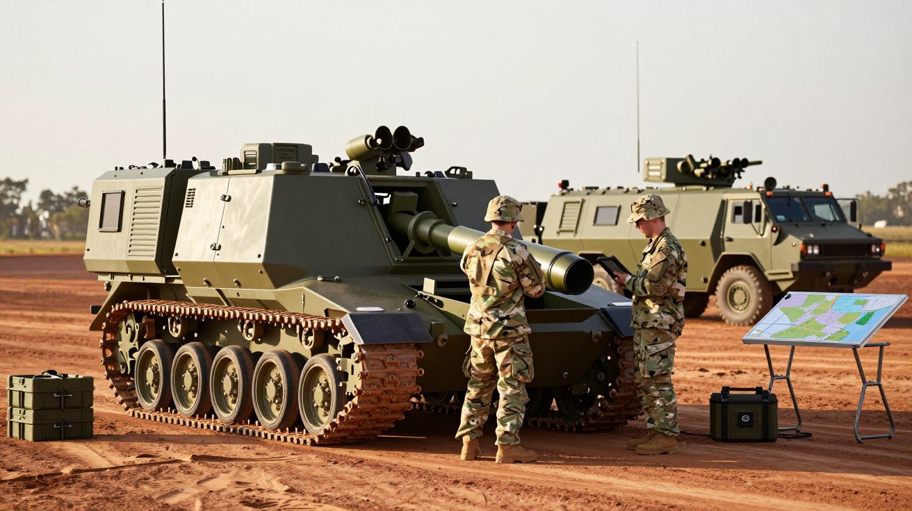 Două vehicule militare și soldați discutând lângă o hartă pe un câmp deschis.