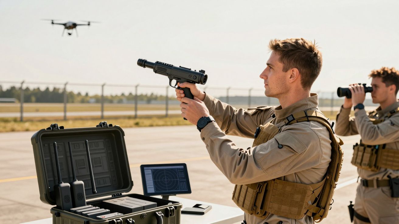 Bărbat operând un dispozitiv anti-dronă pe un aerodrom, o altă persoană observând prin binoclu, dronă zburând.