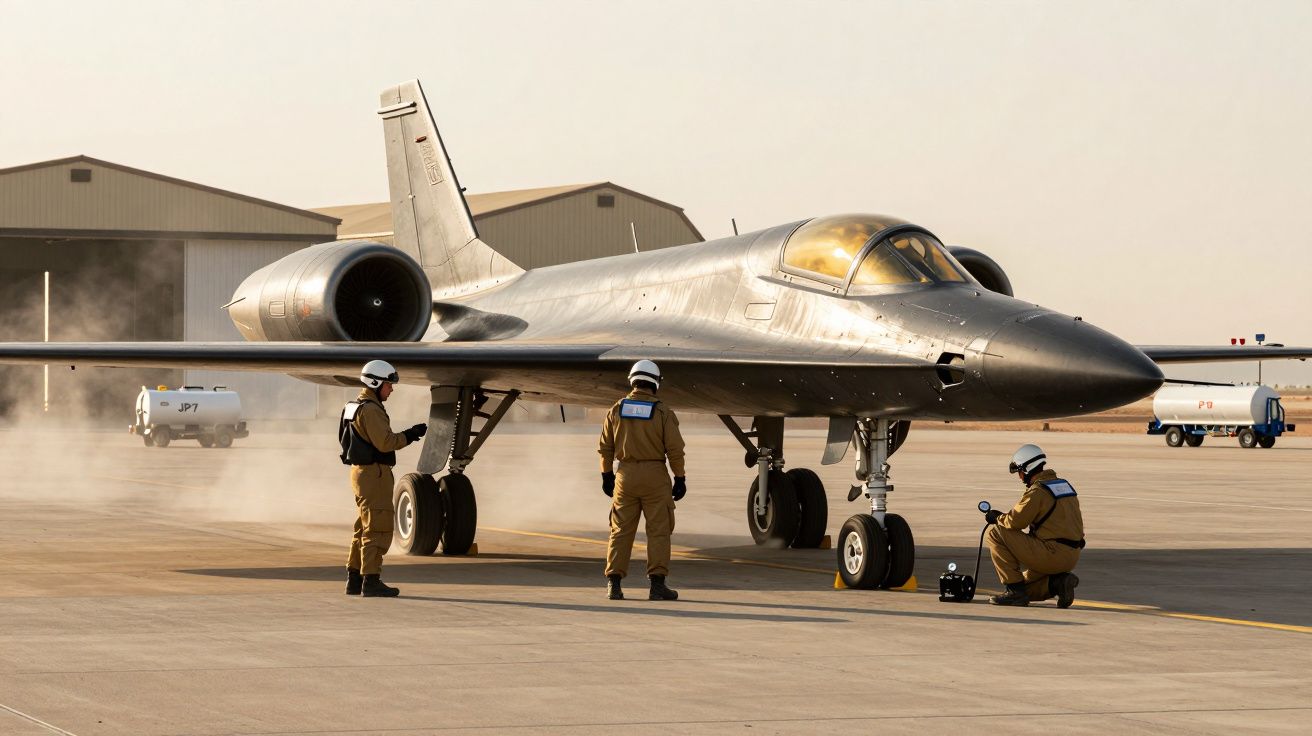 Avion argintiu pe pista cu trei tehnicieni în salopete maronii și căști, lângă hangare și un vehicul mic.