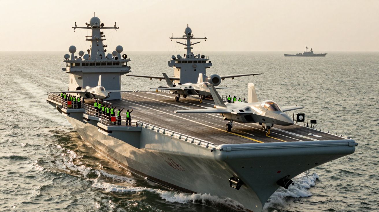 Portavion cu avioane de luptă și personal militar pe punte, navigând pe mare în apropierea unei alte nave.