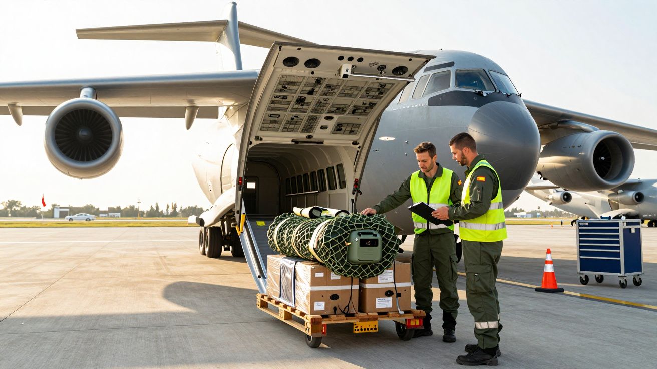 Doi bărbați verifică încărcătura lângă un avion militar cu ușa de marfă deschisă pe pistă.