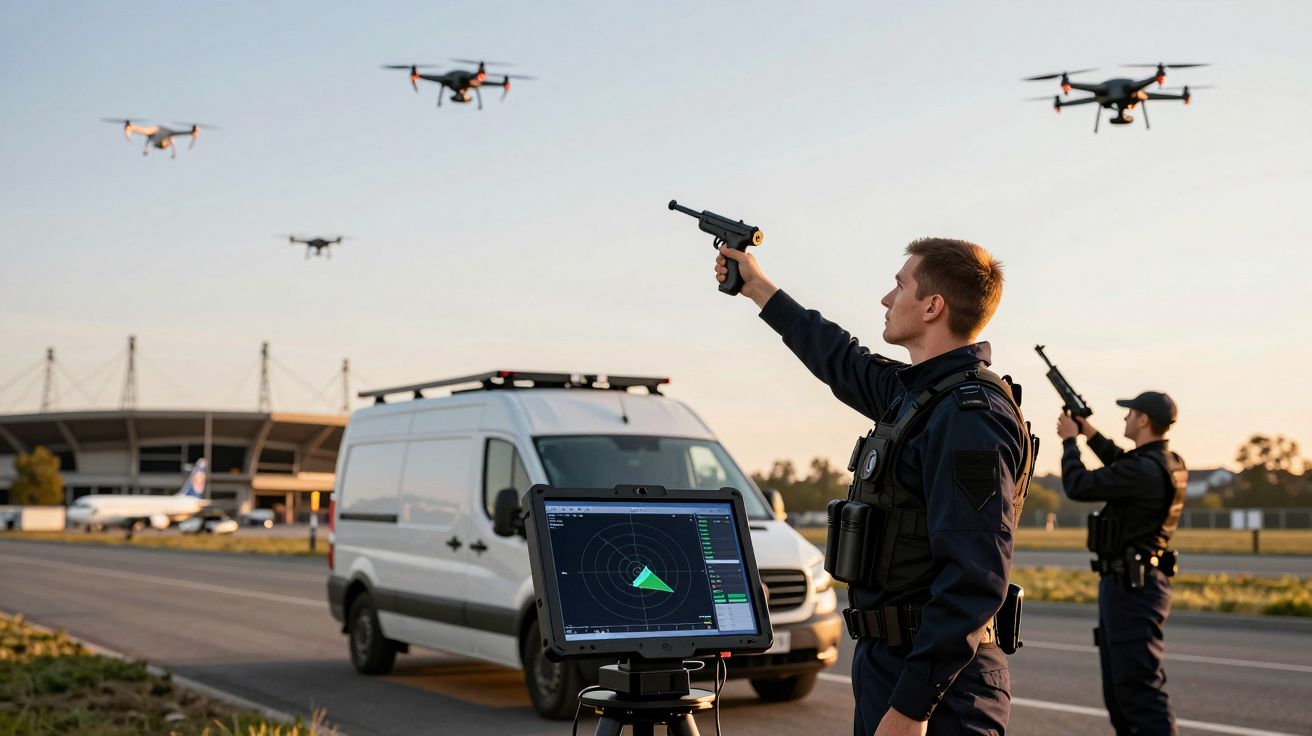 Două persoane în uniforme controlează drone cu un dispozitiv pe un drum lângă o dubă albă și un stadion.