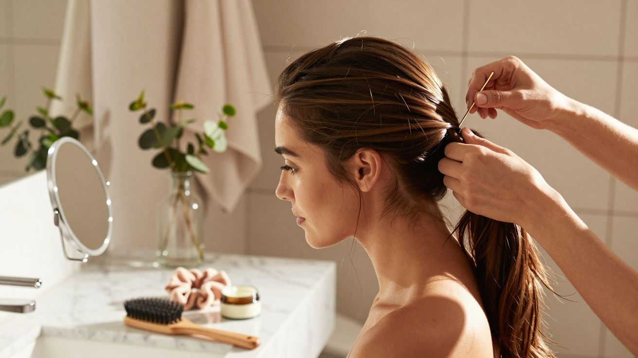 Femeie cu părul lung prins în coc de altcineva, în baie, oglindă rotundă și accesorii de păr pe blat.