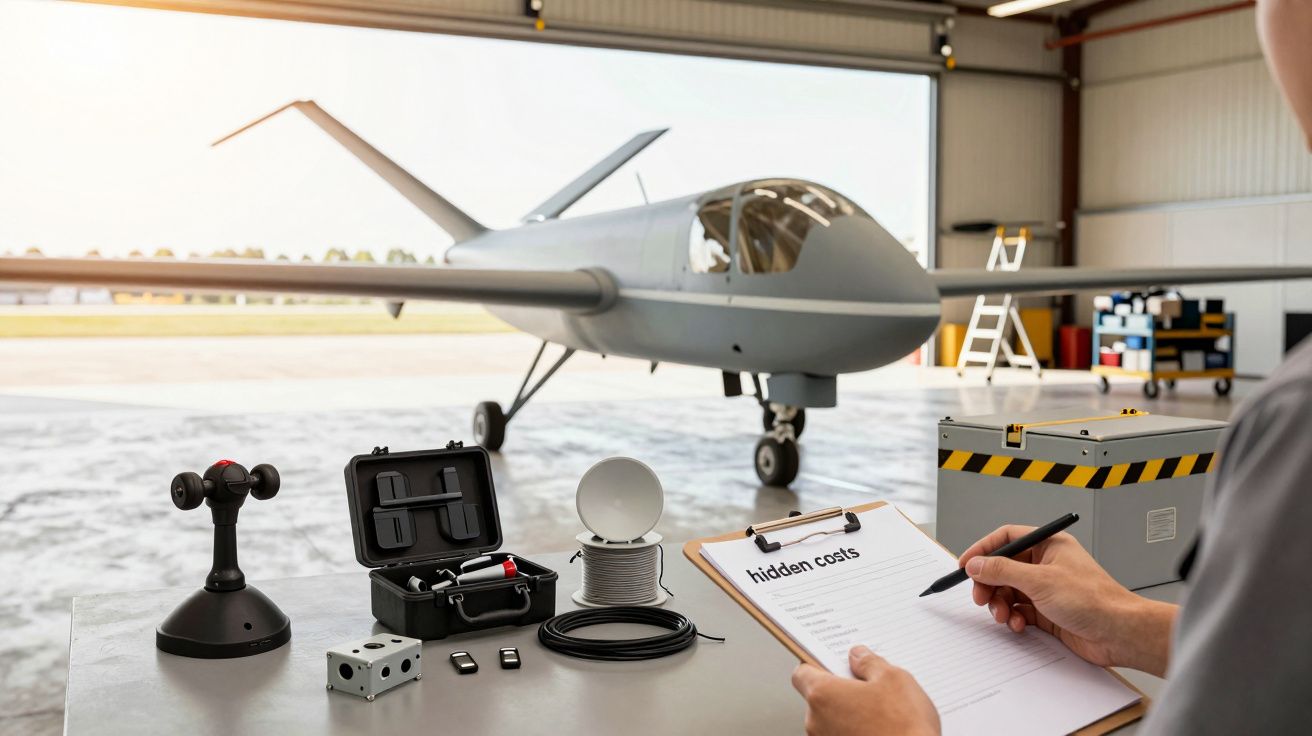 Persoană ținând clipboard într-un hangar cu un avion dronă în fundal și echipament tehnic pe masă.