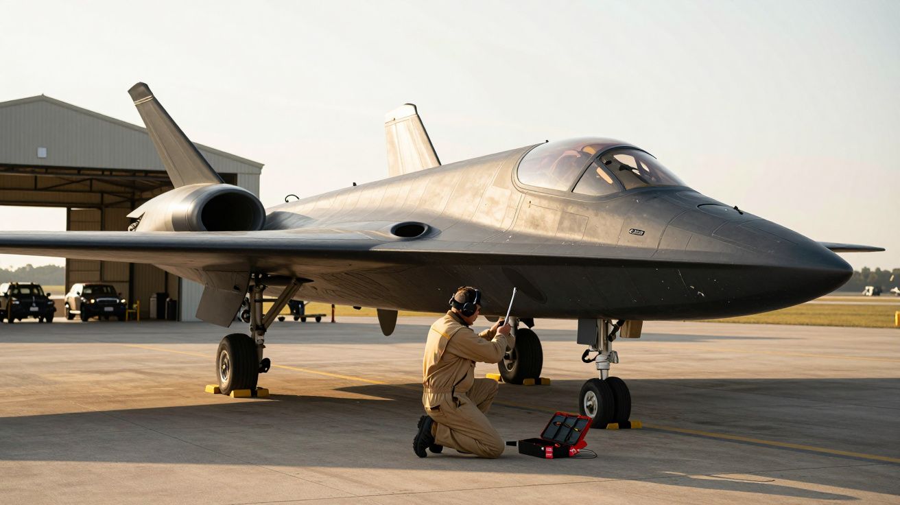 Tehnician întreține un avion negru pe pistă, cu un hangar în fundal.