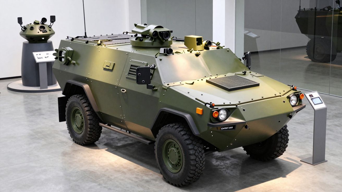 Vehicul blindat verde expus într-un muzeu, cu roți mari și uși laterale, lângă un alt exponat pe suport.