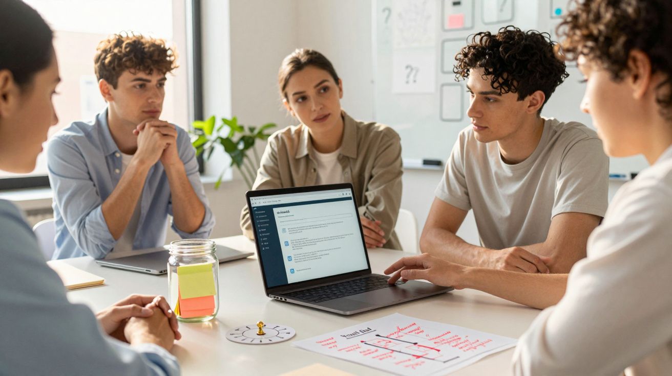 Un grup de tineri discutând în jurul unui laptop într-o sală de ședințe luminoasă.