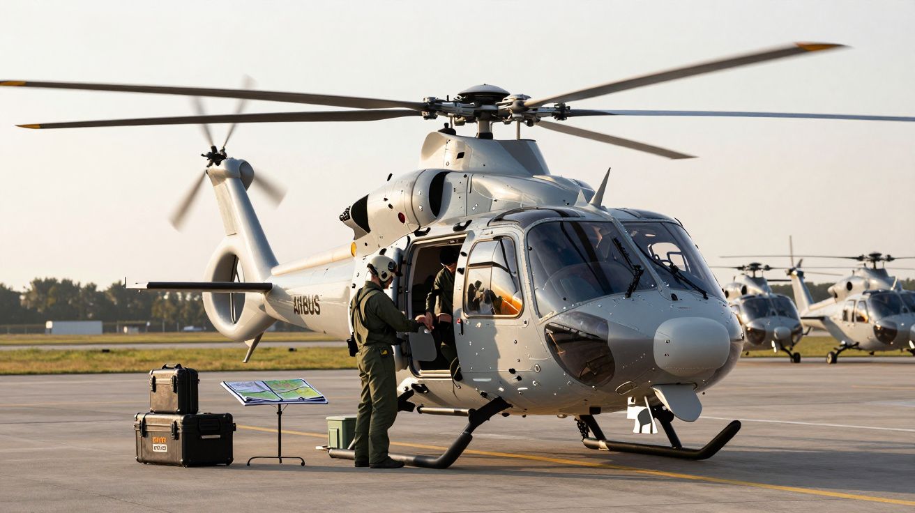 Elicopter militar pe pistă, cu personal verificând echipamentul; fundal cu cer senin și alte elicoptere.