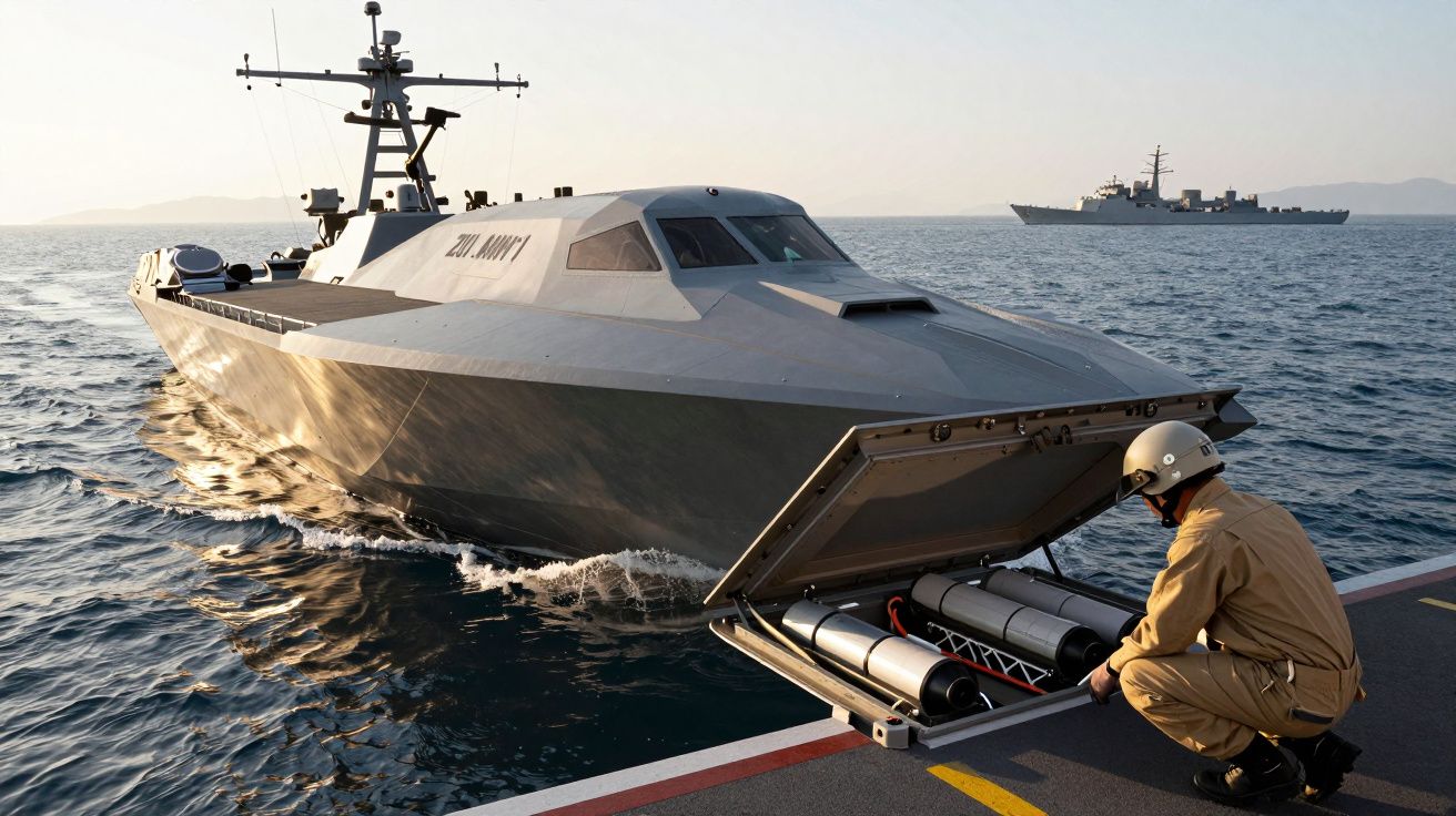 Vas militar fără pilot pe apă, cu un om în uniformă ajustând echipamentul din față. În depărtare, un alt vas militar.