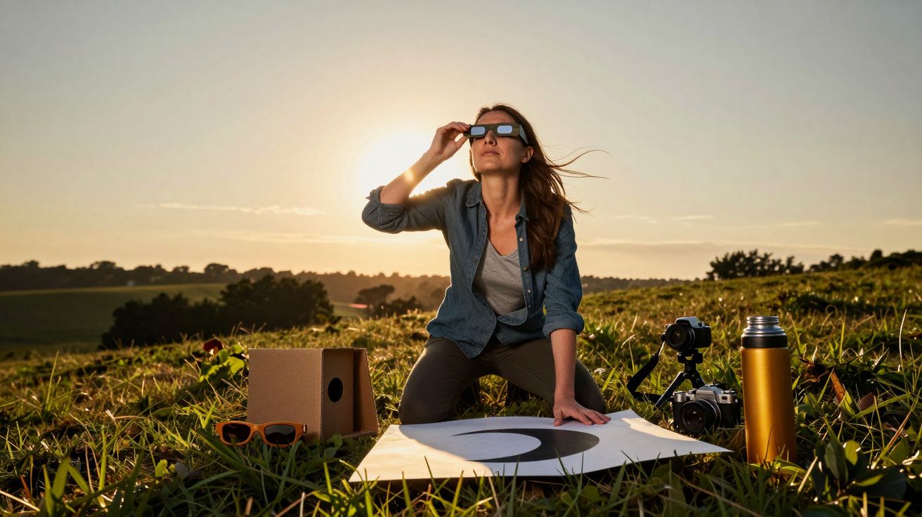 Femeie pe câmp, privind eclipsa prin ochelari speciali, înconjurată de echipament fotografic și o hartă, la apus.