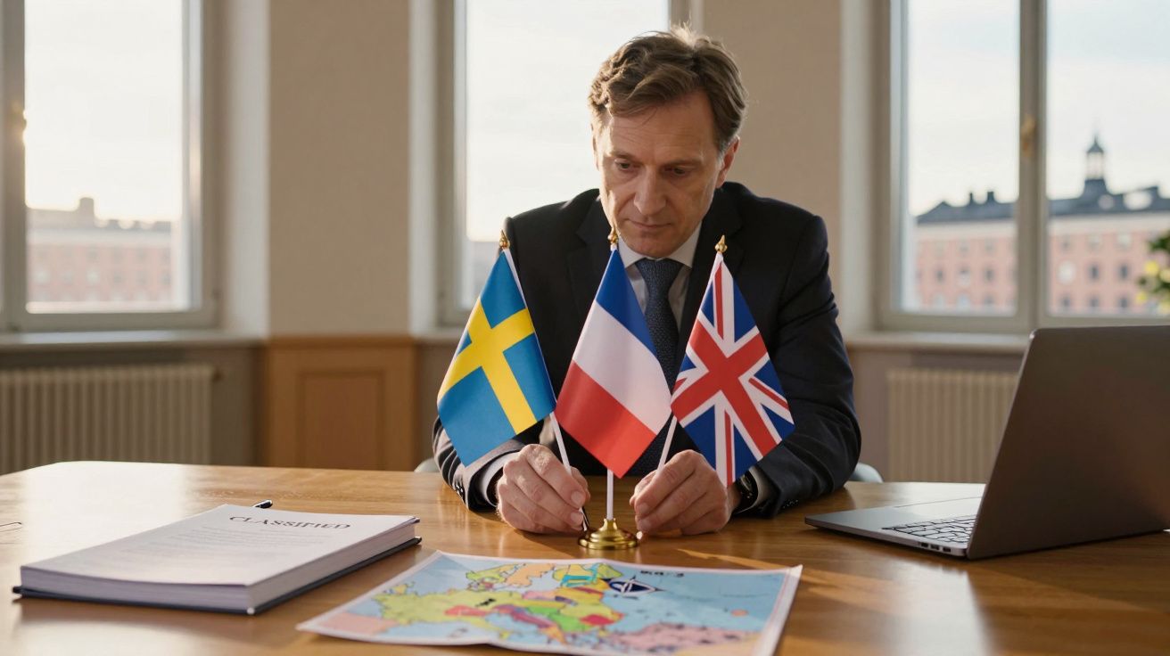 Bărbat analizând hărți într-un birou, cu steaguri suedez, francez și britanic pe masă, lângă un laptop.