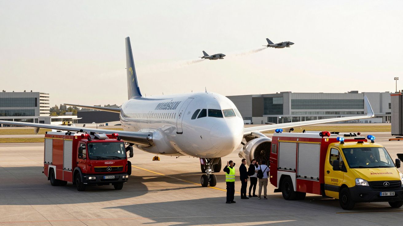 Avion pe pista încadrat de autospeciale de pompieri, cu două avioane deasupra în zbor.