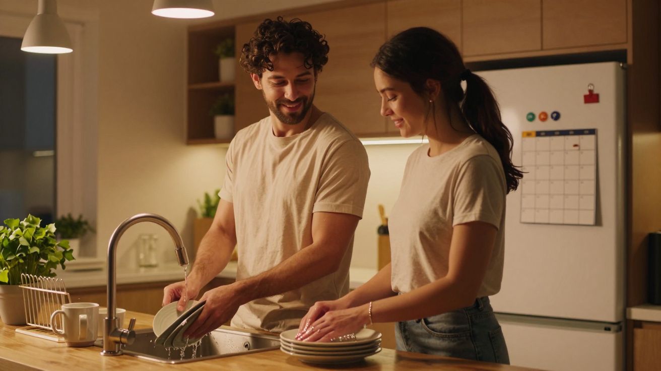 Cuplu tânăr spală vase împreună în bucătărie, zâmbind și discutând, într-un mediu cald și confortabil.
