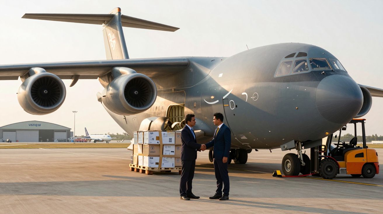 Două persoane în costum se salută lângă un avion cargo mare, cu cutii de marfă pe pistă.