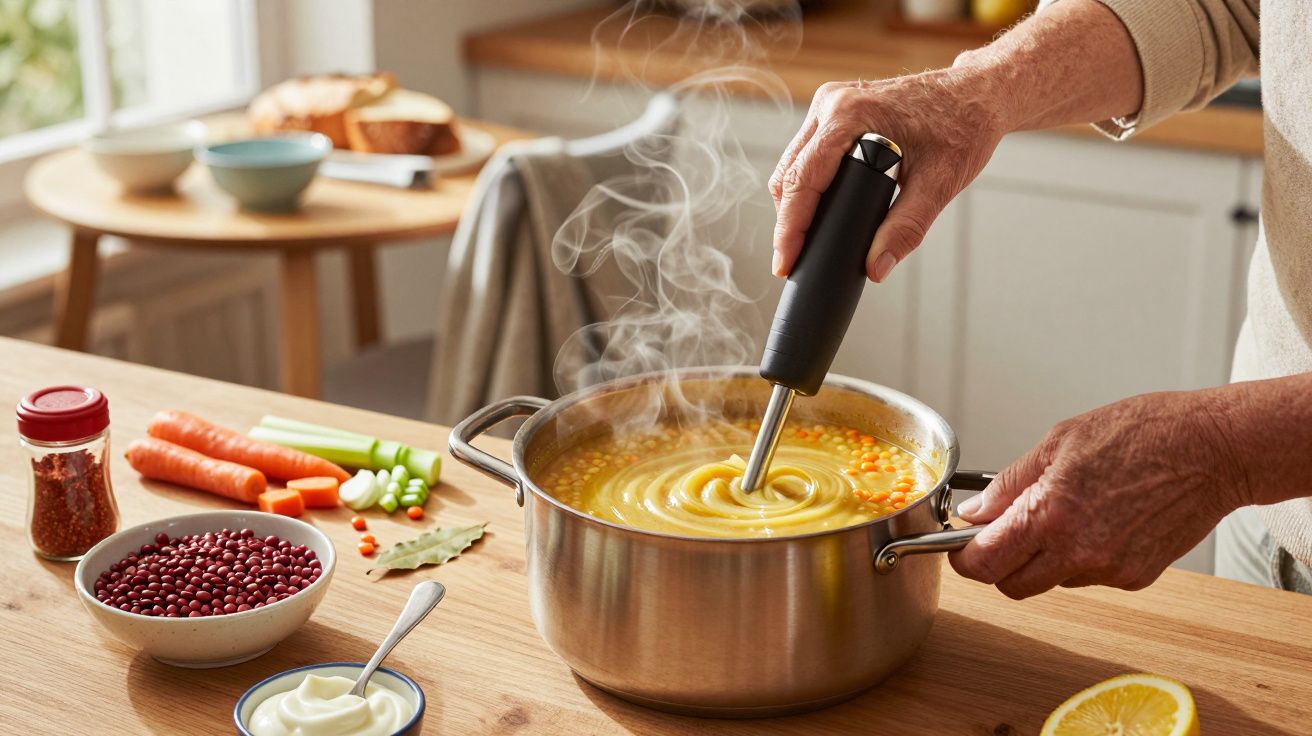 Persoană amestecând supa fierbinte cu un blender de mână, pe o masă cu ingrediente proaspete.