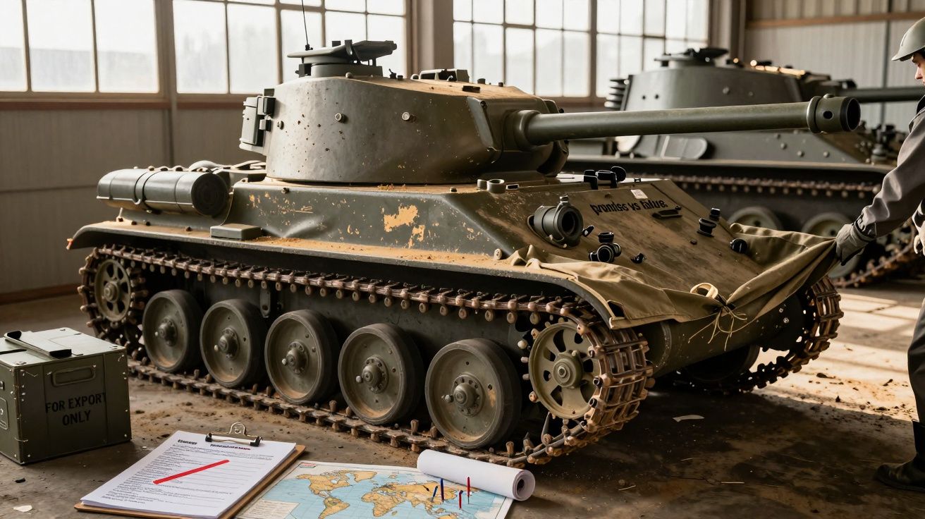 Tanc vechi într-un hangar cu harta și clipboard pe masă, pregătit pentru export.