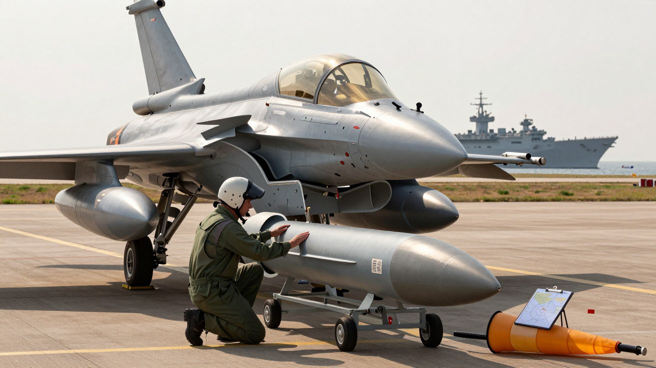 Pilot pregătind un avion de luptă pe pistă, cu un portavion pe fundal.