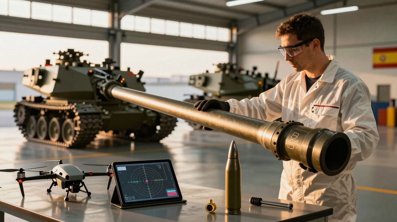 Tehnician inspectând un tun de tanc într-un hangar, cu un drone și un tablet pe masă. Două tancuri în fundal.