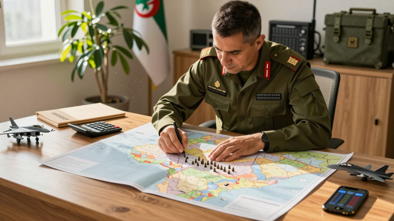 Bărbat în uniformă militară analizează o hartă tactică pe birou, cu figurine și avioane în miniatură, calculator alături.