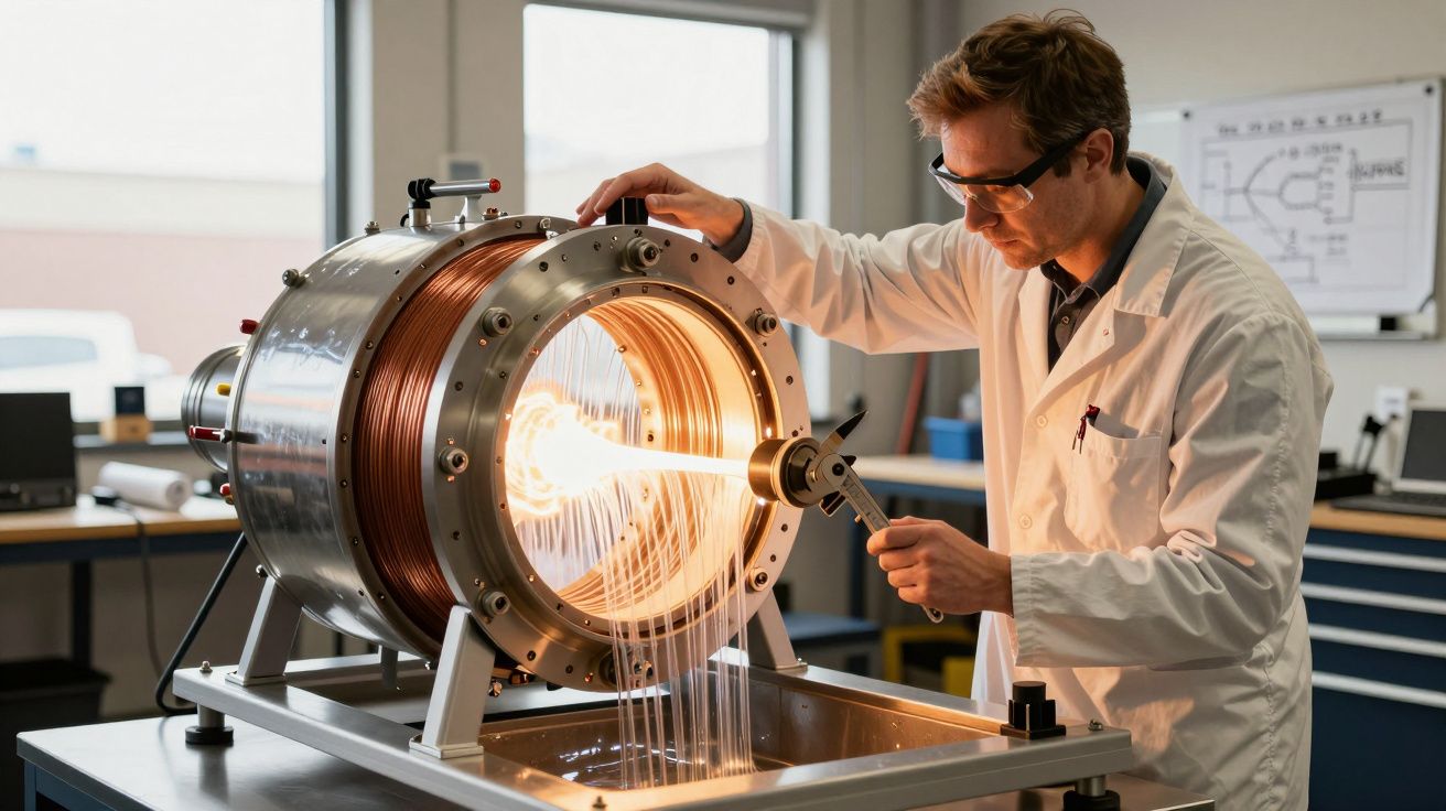 Cercetător în halat de laborator examinând un aparat științific luminat într-un laborator.