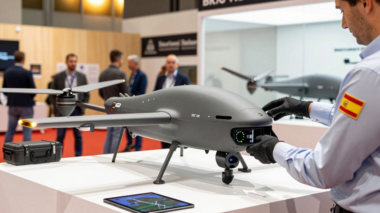 Bărbat interacționând cu un dron gri expus pe o masă albă, înconjurat de oameni la o expoziție.