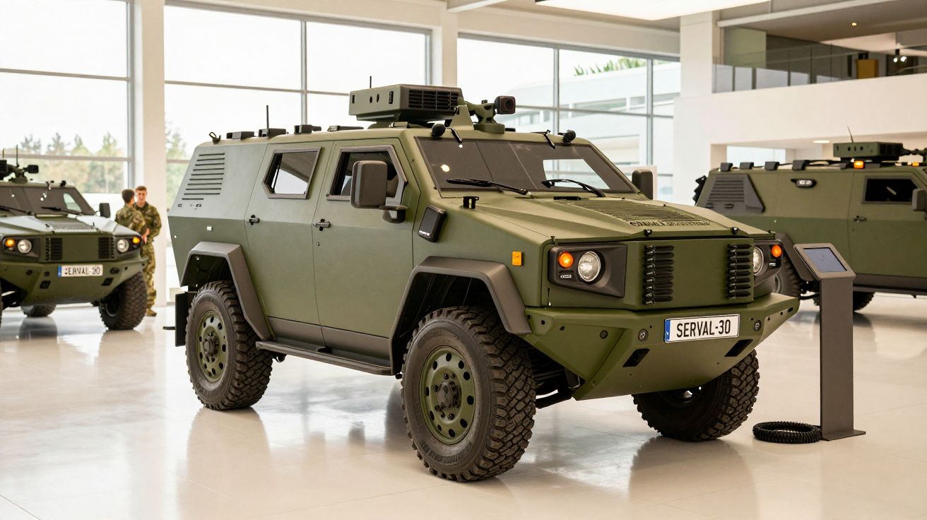 Vehicul militar blindat verde, model Serval-30, expus într-un showroom luminos.