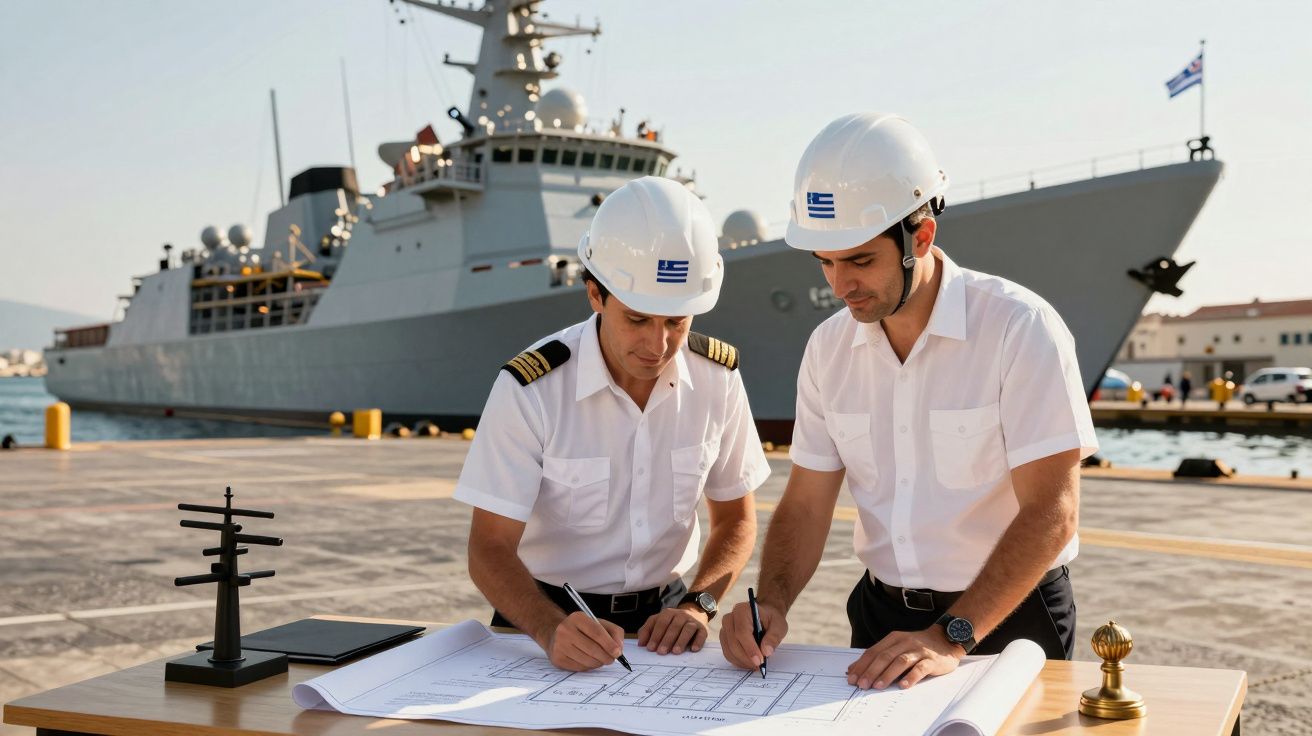 Doi ofițeri de marină examinând schițe la un doc, cu o navă de război în fundal.
