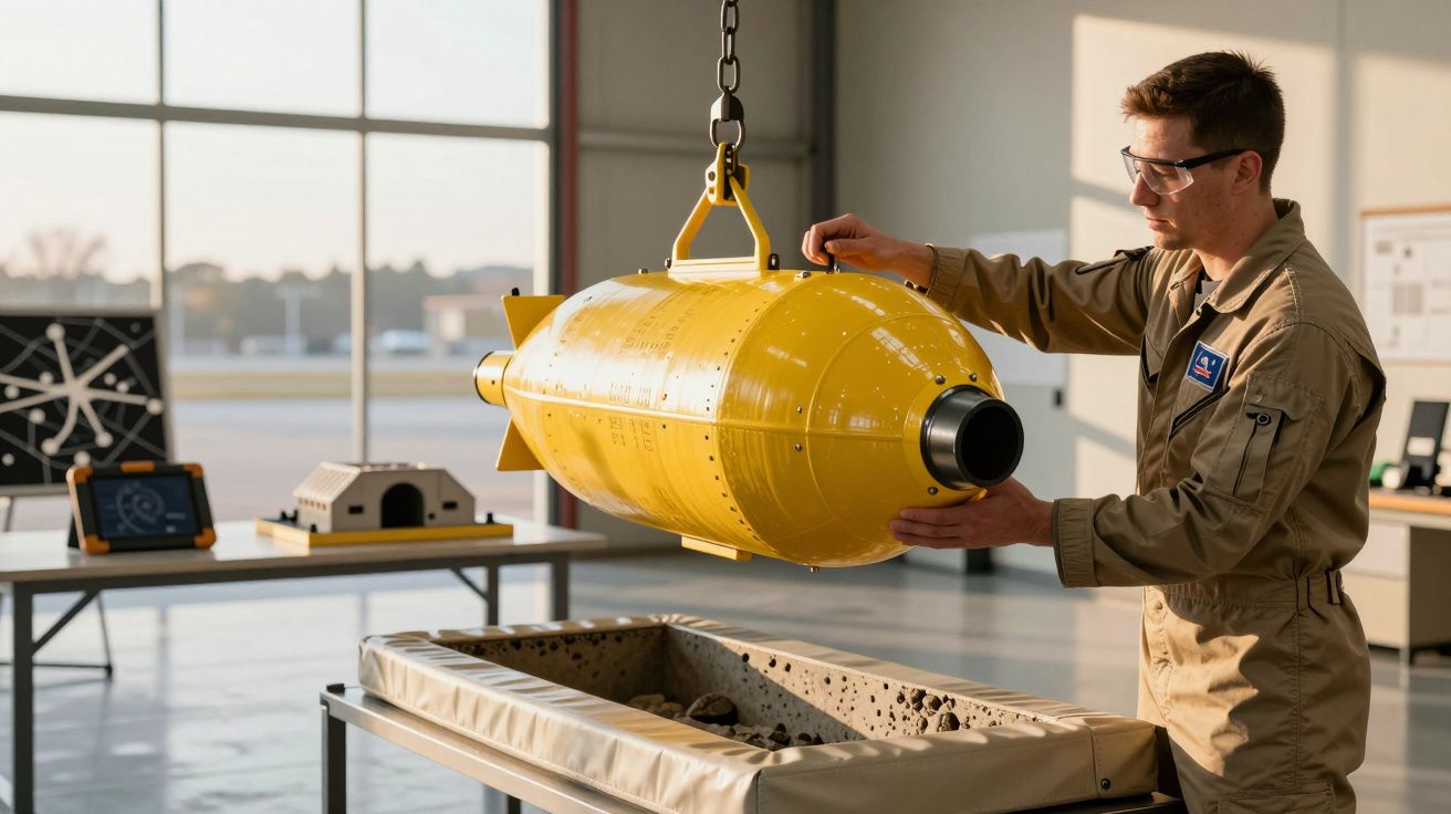 Bărbat în salopetă inspectează un obiect galben suspendat, într-un mediu de laborator luminos.