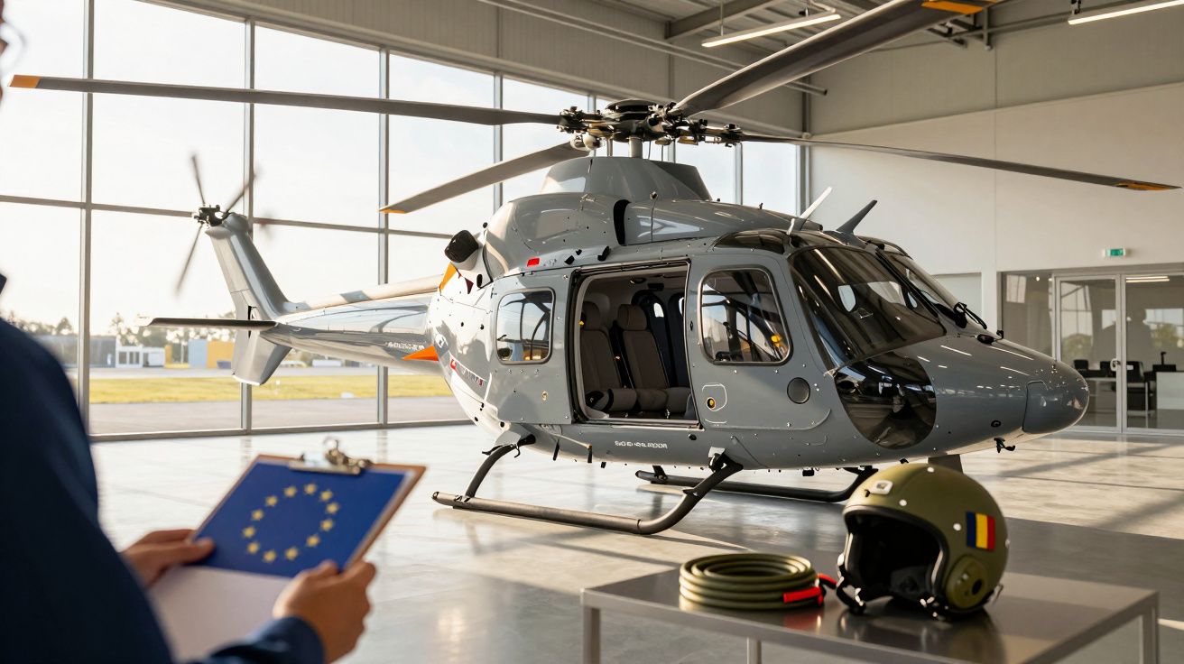 Elicopter gri într-un hangar, casca și clipboard cu steagul UE în prim-plan.